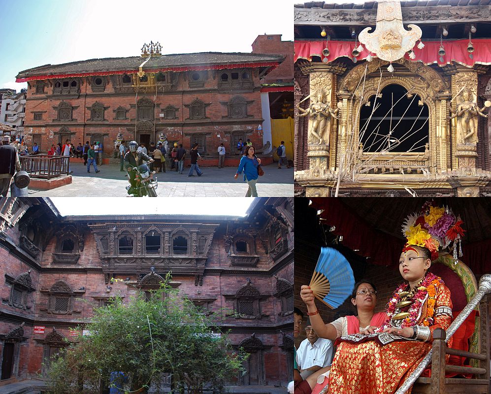 Kathmandu Durbar Square 01 02 Kumari Kumari Bahal, Kumari Courtyard, Kumari Kumari Bahal is a red brick, three-storey building with some incredible intricately carved windows at the southeast end of Durbar Square in Kathmandu It was built in 1757 and is home to the Kumari, the young girl who is selected to be Kathmandu�s living goddess until she reaches puberty and reverts to being a normal mortal. The Kumari Chowk is the three-storey courtyard, enclosed by carved wooden balconies and windows. The courtyard contains a miniature stupa carrying the symbols of Saraswati, the goddess of learning.